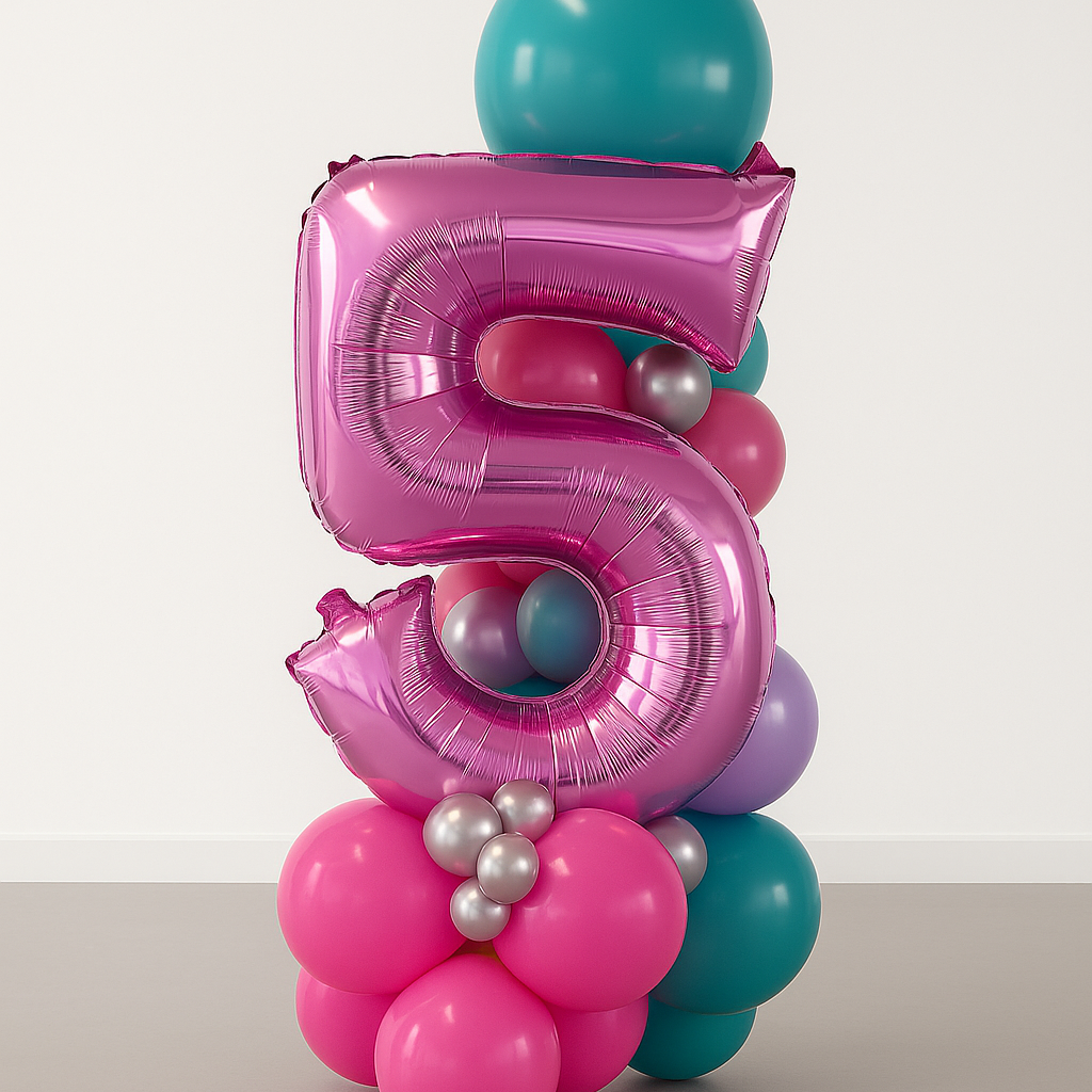 Pink number 5 balloon sculpture with smaller balloons on a neutral background