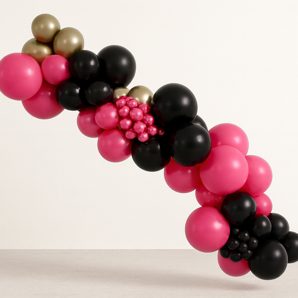 Balloon arch with pink, black, and gold balloons on a white background